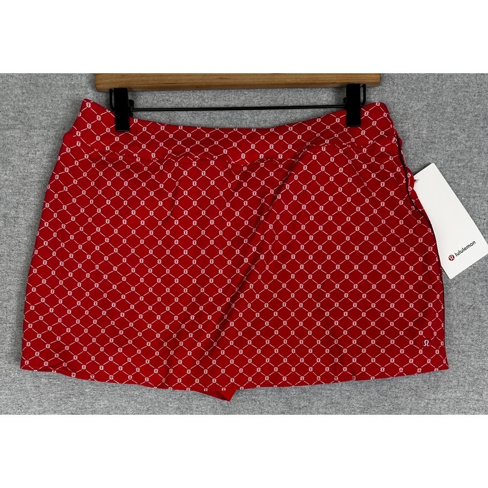 Lululemon High-Rise Mini Skirt Size Large Red White Logo Print Tennis Pickleball